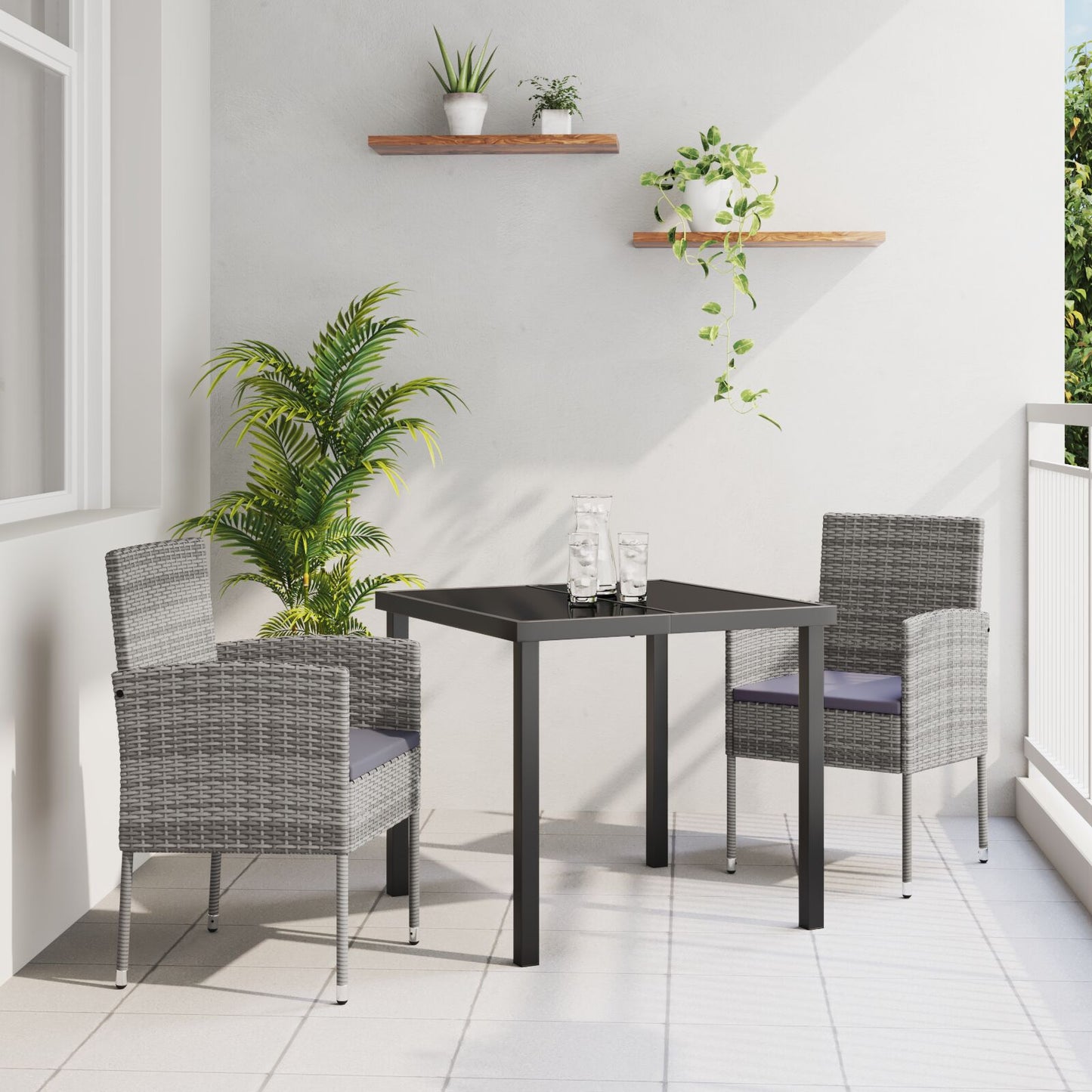 3-Delige Tuin Eetset Met Kussens Grijs Poly Rattan