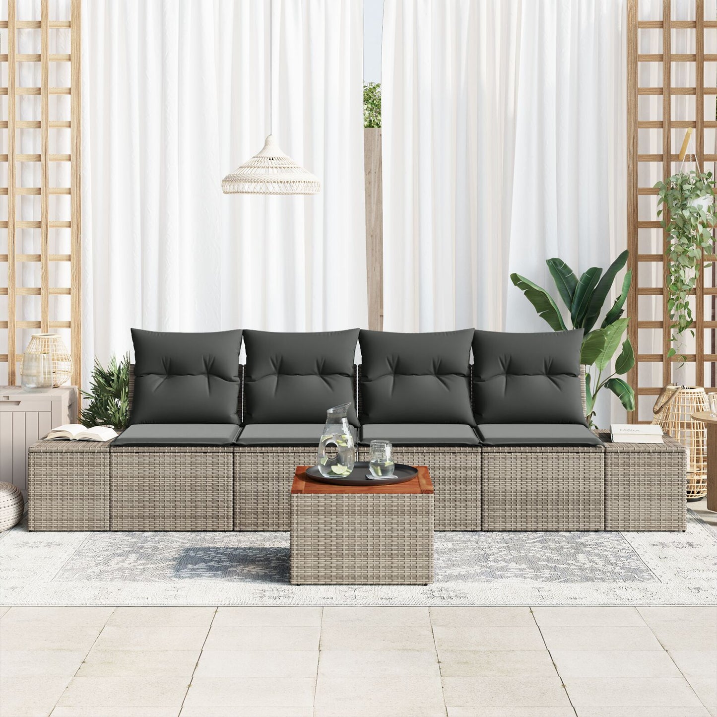 5-Delige Tuinsofa Set Met Kussens Grijs Poly Rattan Acacia