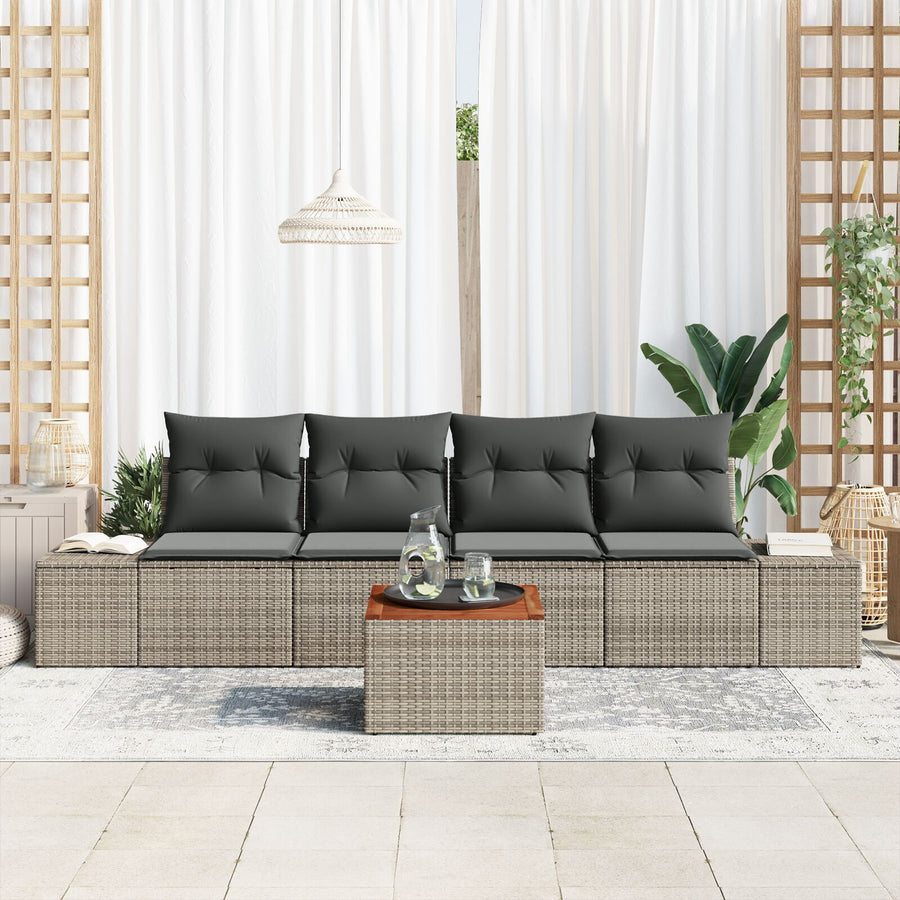 5-Delige Tuinsofa Set Met Kussens Grijs Poly Rattan Acacia