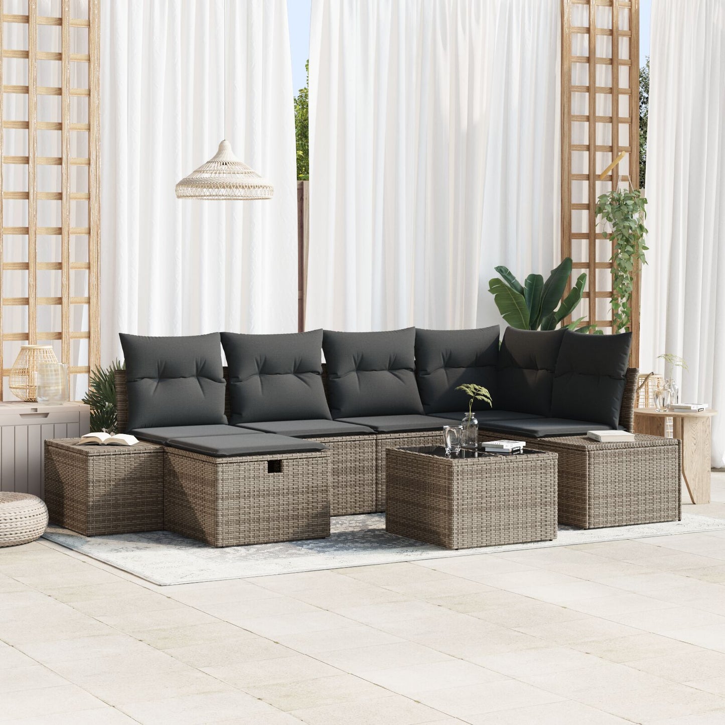 7-Delige Tuinsofa Set Met Kussens Grijs Poly Rattan