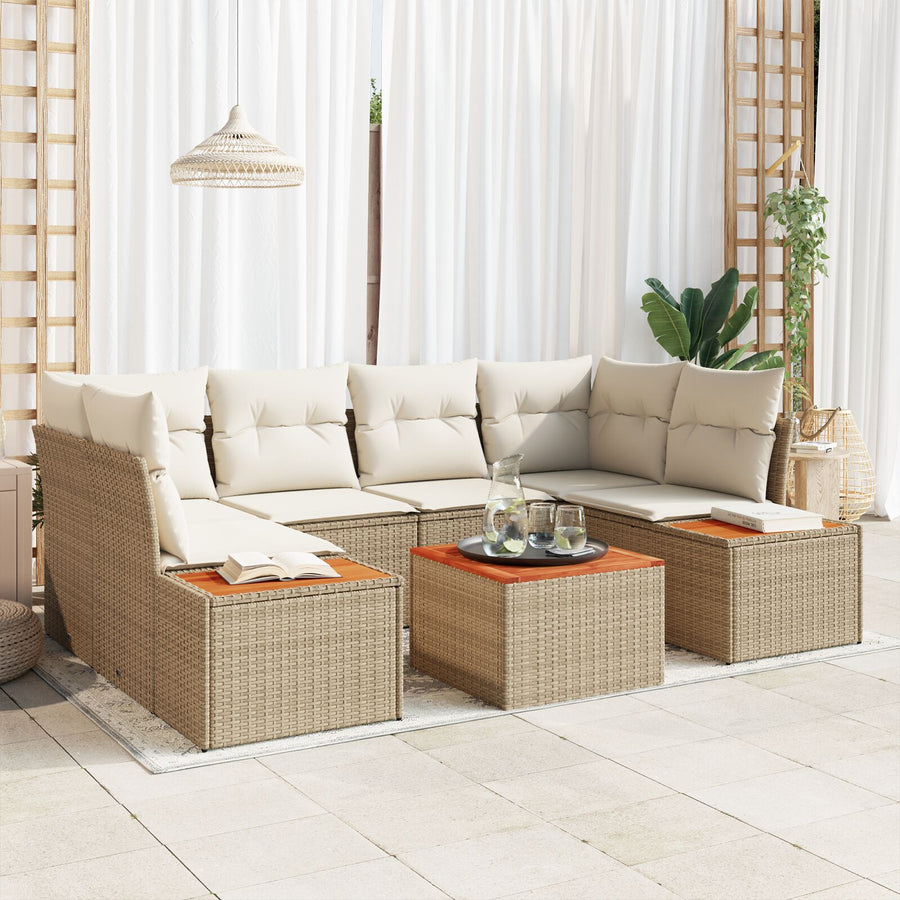 7-Delige Tuin Sofa Set Met Kussens Beige Poly Riet Acacia