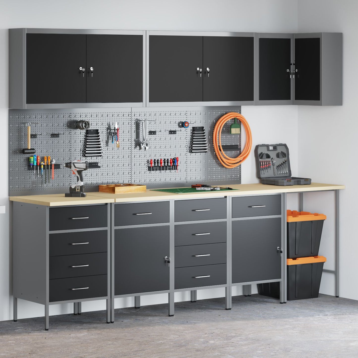 12-Delige Werkbank En Pegboard Set Mdf En Metaal 4x (2x84/2x85 cm) Zwart Tafel + 7x kast + 4x pegboard