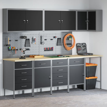 12-Delige Werkbank En Pegboard Set Mdf En Metaal 4x (2x84/2x85 cm) Zwart Tafel + 7x kast + 4x pegboard