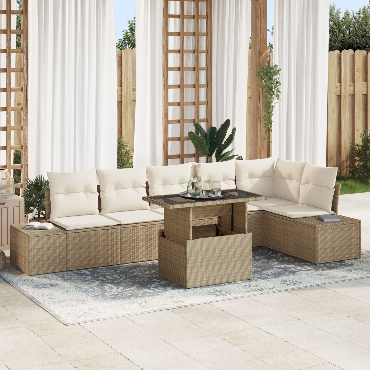 7-Delige Tuin Sofa Set Met Kussens Beige Poly Rattan