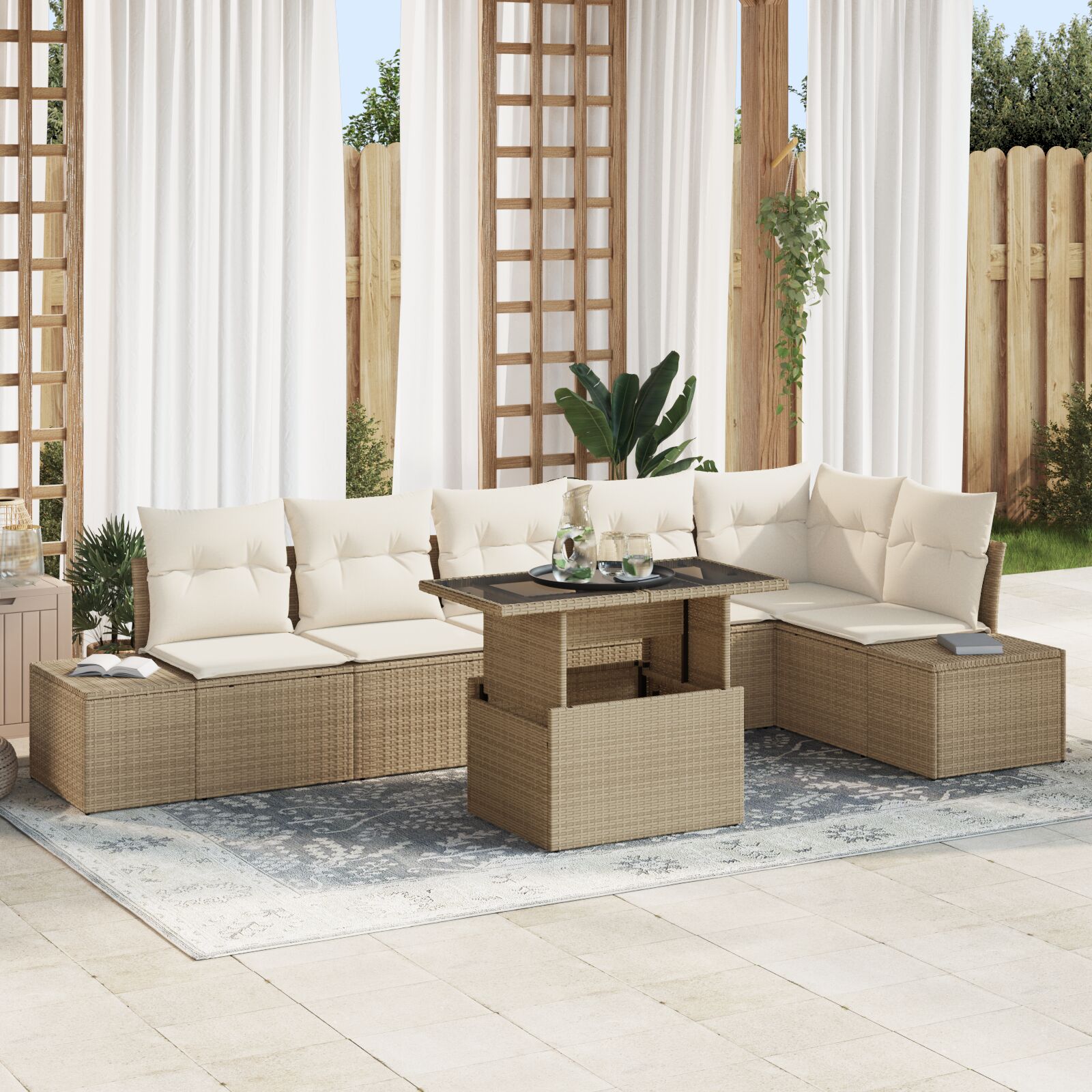 7-Delige Tuin Sofa Set Met Kussens Beige Poly Rattan