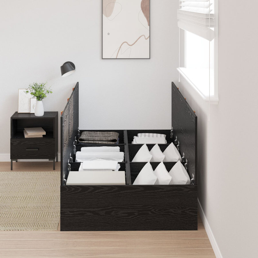 Bedframe Bewerkt Hout Eenpersoons Opslag Zwart Eiken 90 x 200 cm