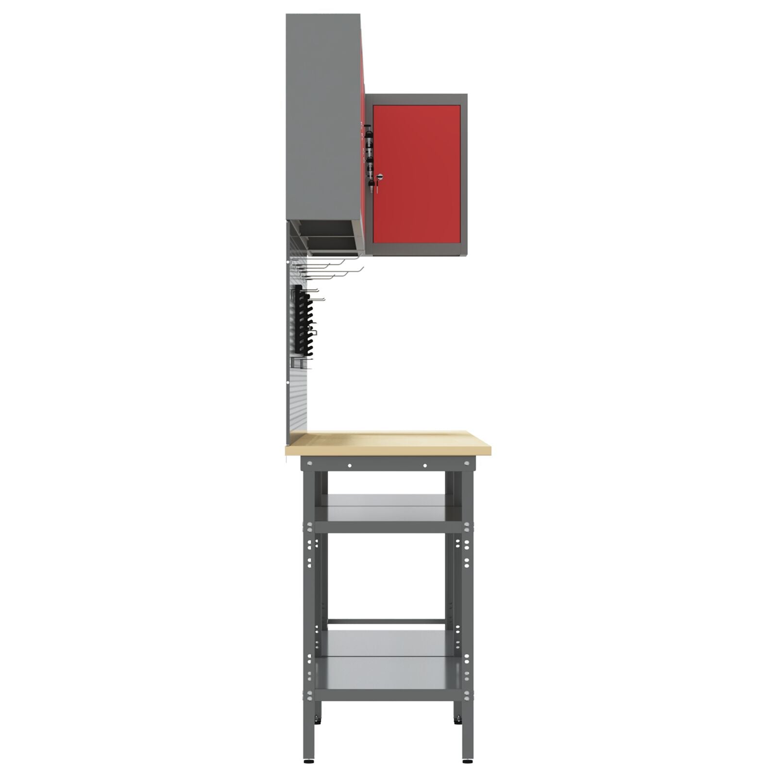 10-Delige Gereedschapsopslag Tafelset In Engineering Hout En Metaal 100 cm kast met pegboard Rood 3x tafel + 4x kast + 6x pegboard