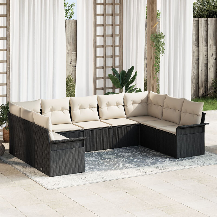 9-Delige Tuinbankset Met Kussens Poly Rattan Zwart en crème. zonder tafel