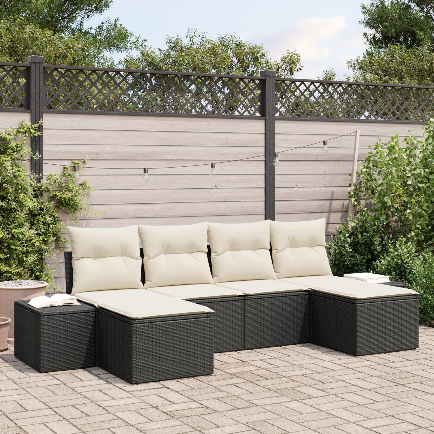 6-Delige Tuin Sofa Set Met Kussens Zwart Poly Riet