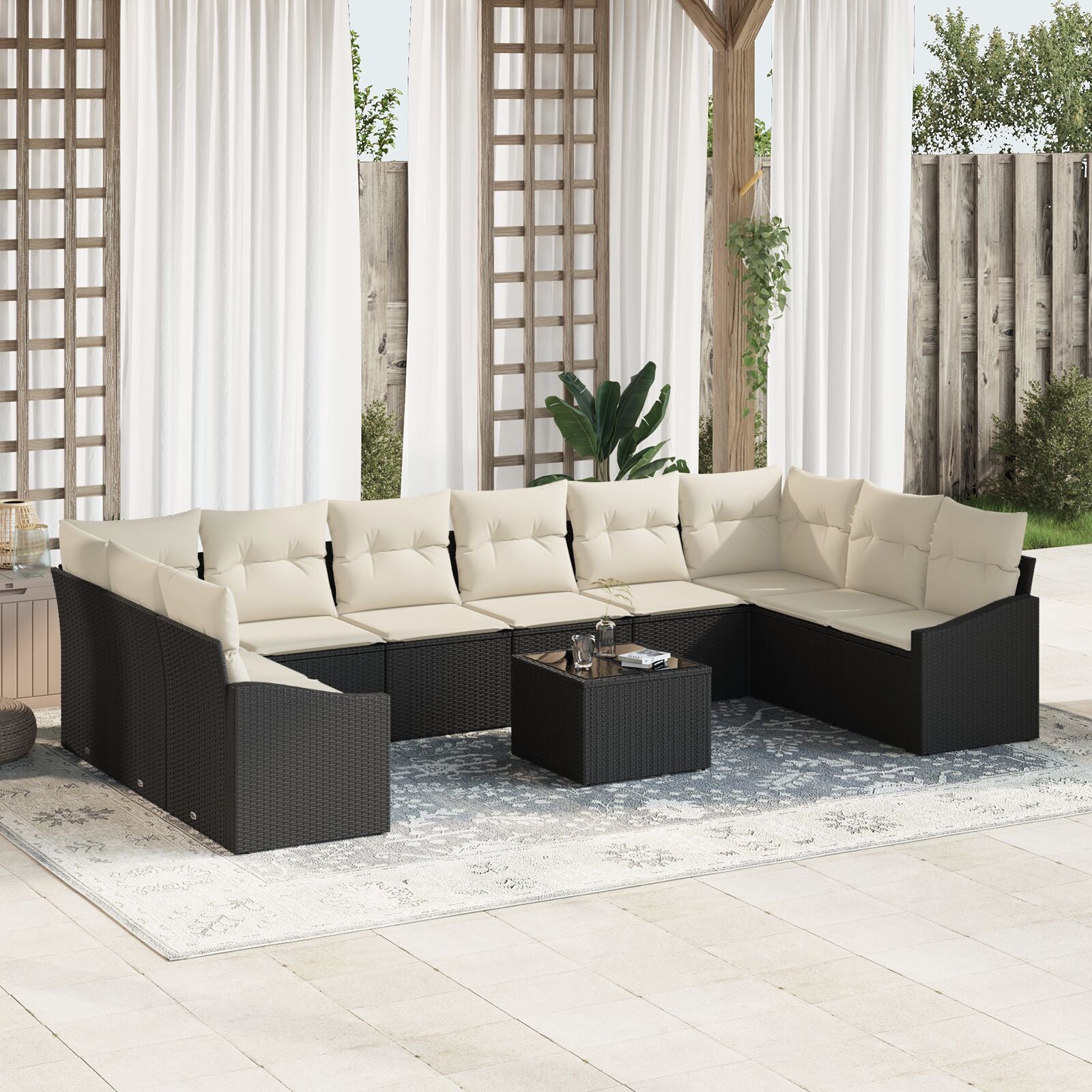 10-Delig Tuin Sofa Set Met Kussens Bruin Poly Rattan Zwart en crème met tafel