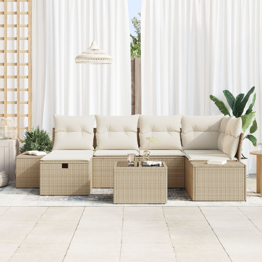 7-Delige Tuin Sofa Set Met Kussens Beige Poly Rattan