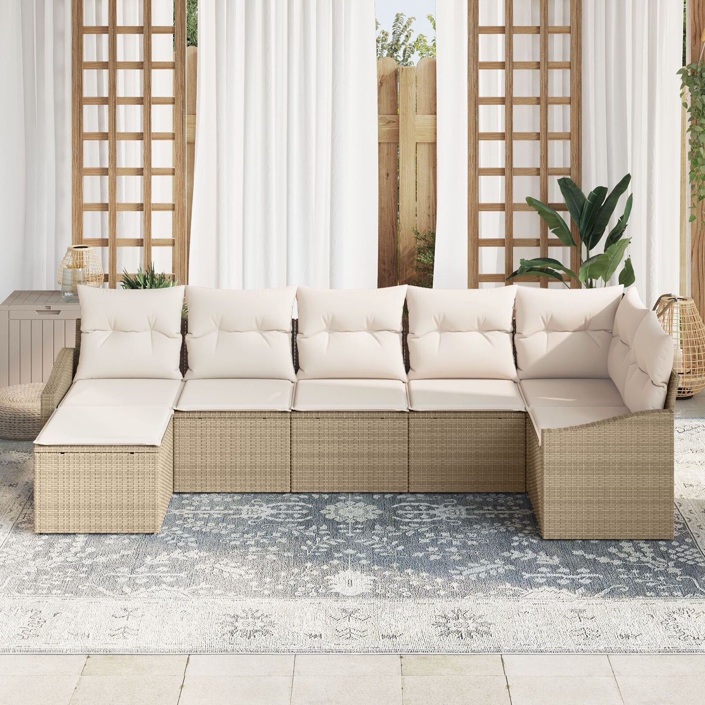 7-Delige Tuin Sofa Set Met Kussens Beige Poly Rattan
