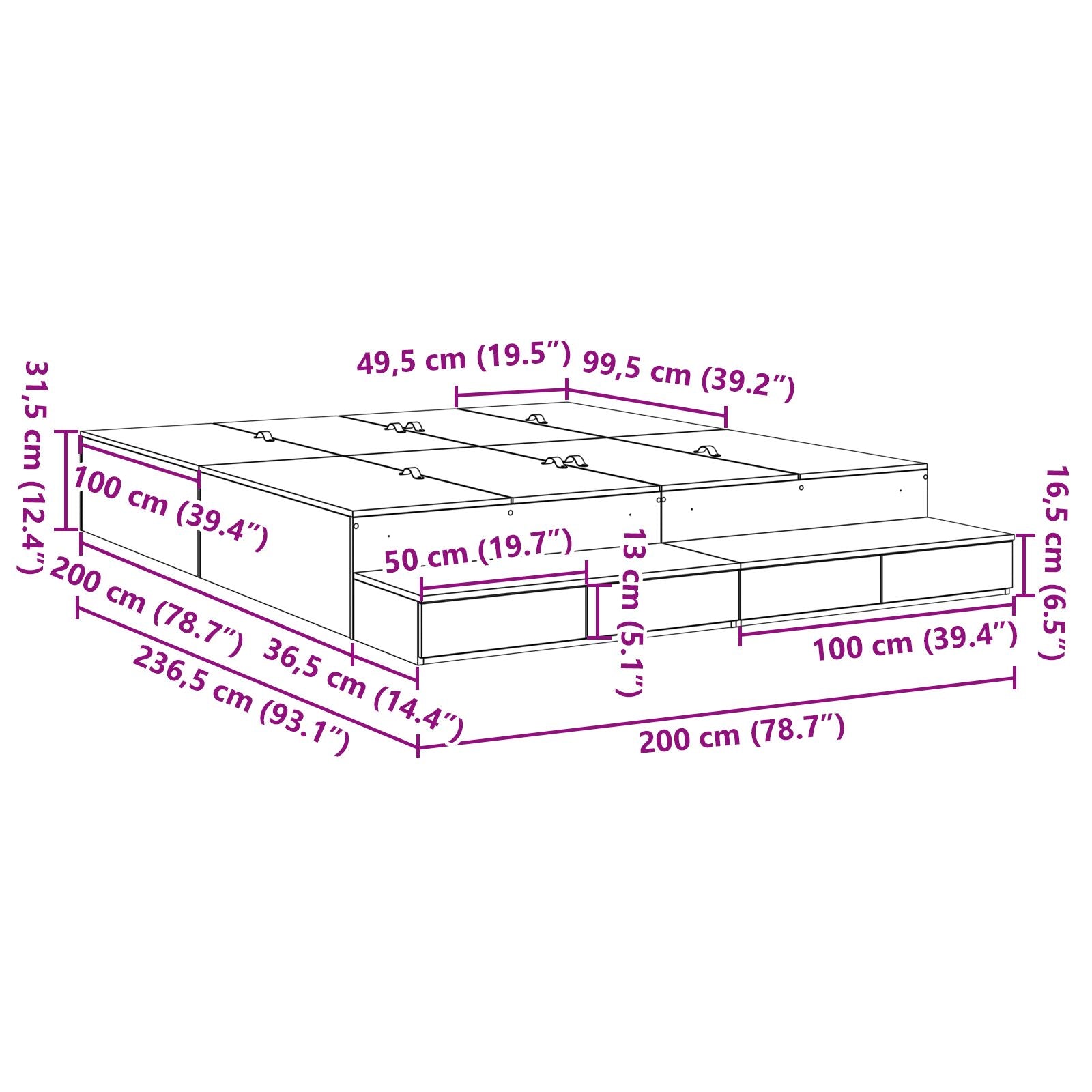 Opbergbedframe Zwart Eiken Bewerkt Hout 236,5 X 200 X 31,5 Cm Artisanaal Eiken