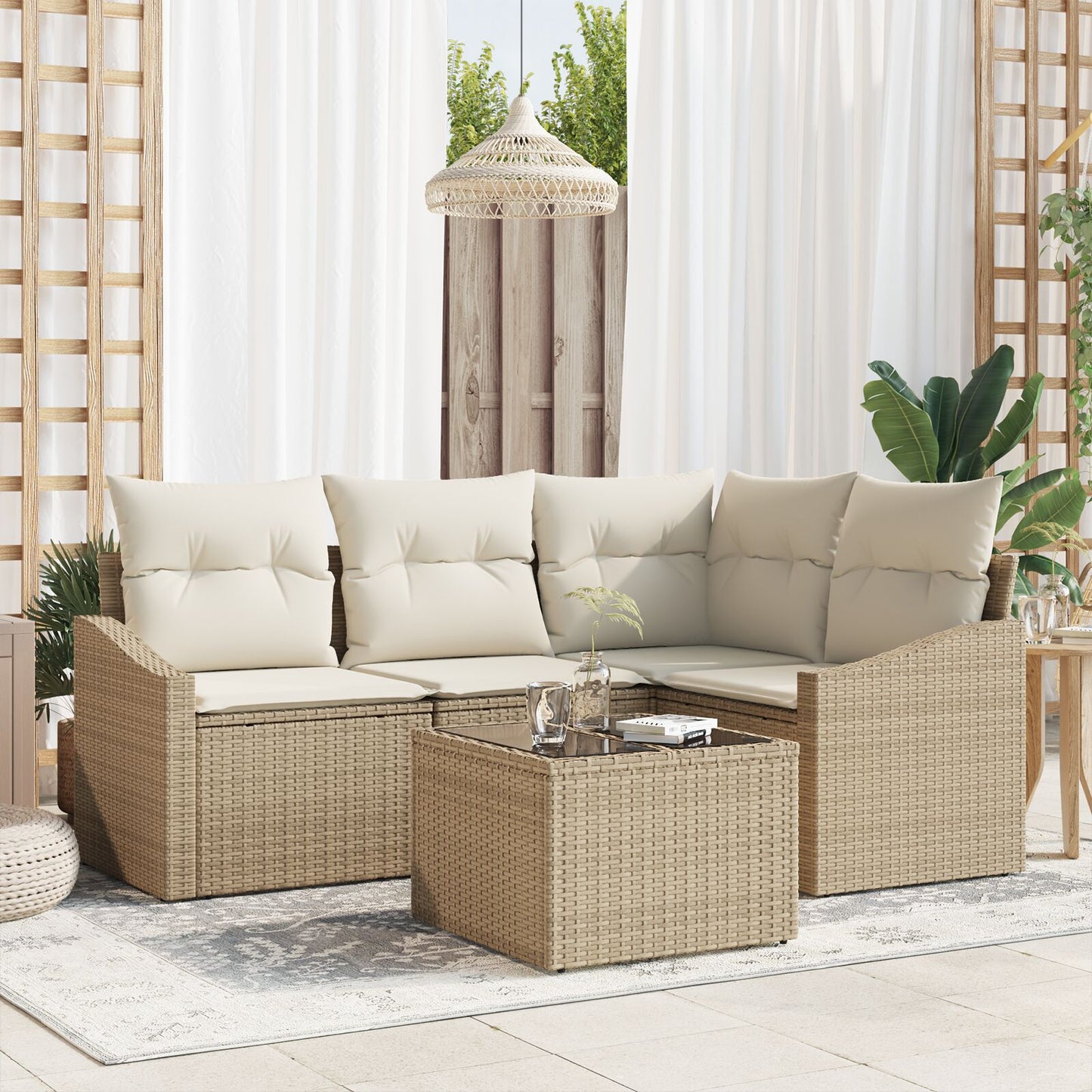 Tuin Sofa Set 5 Delig Beige Rattan, Polyester, Schuim