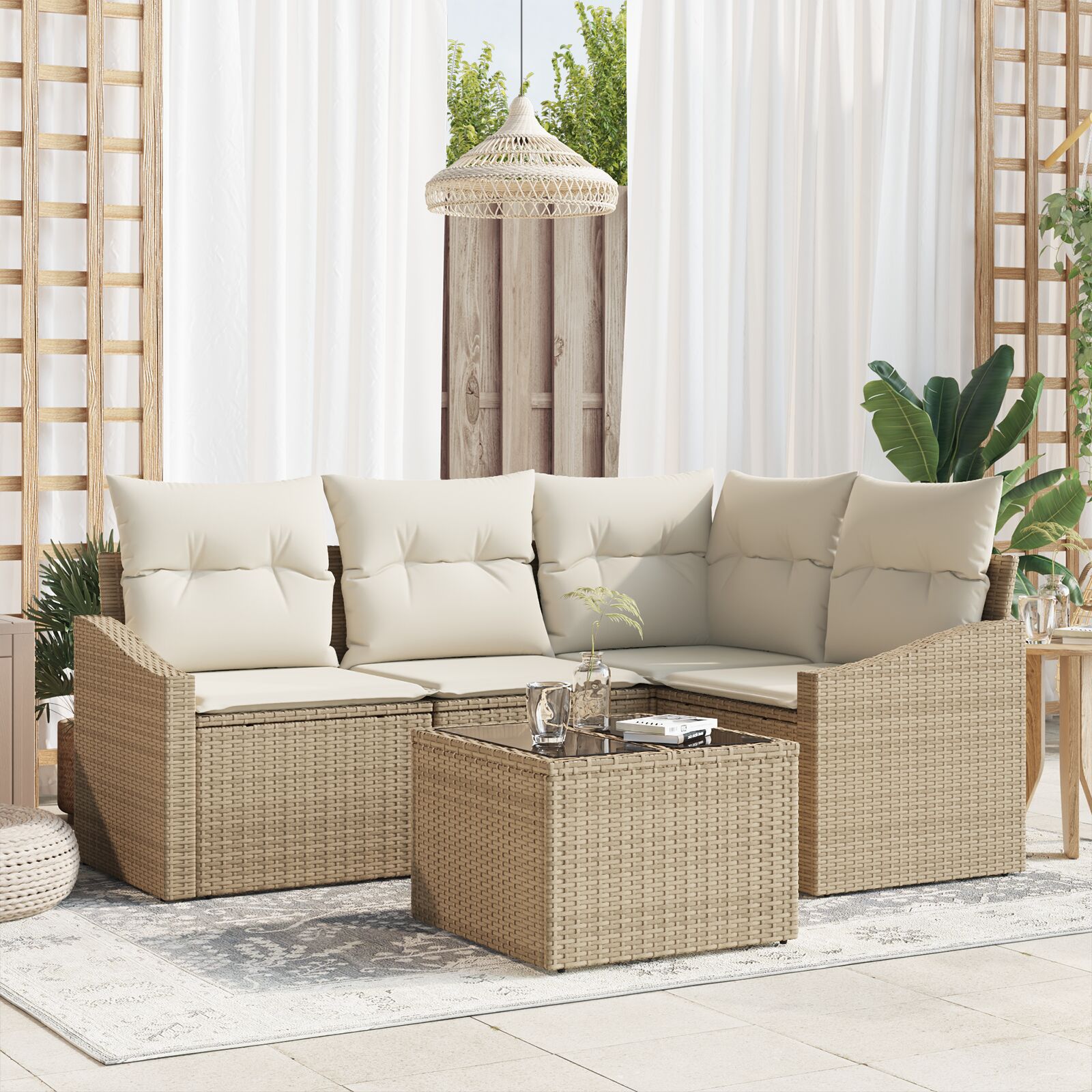 Tuin Sofa Set 5 Delig Beige Rattan, Polyester, Schuim