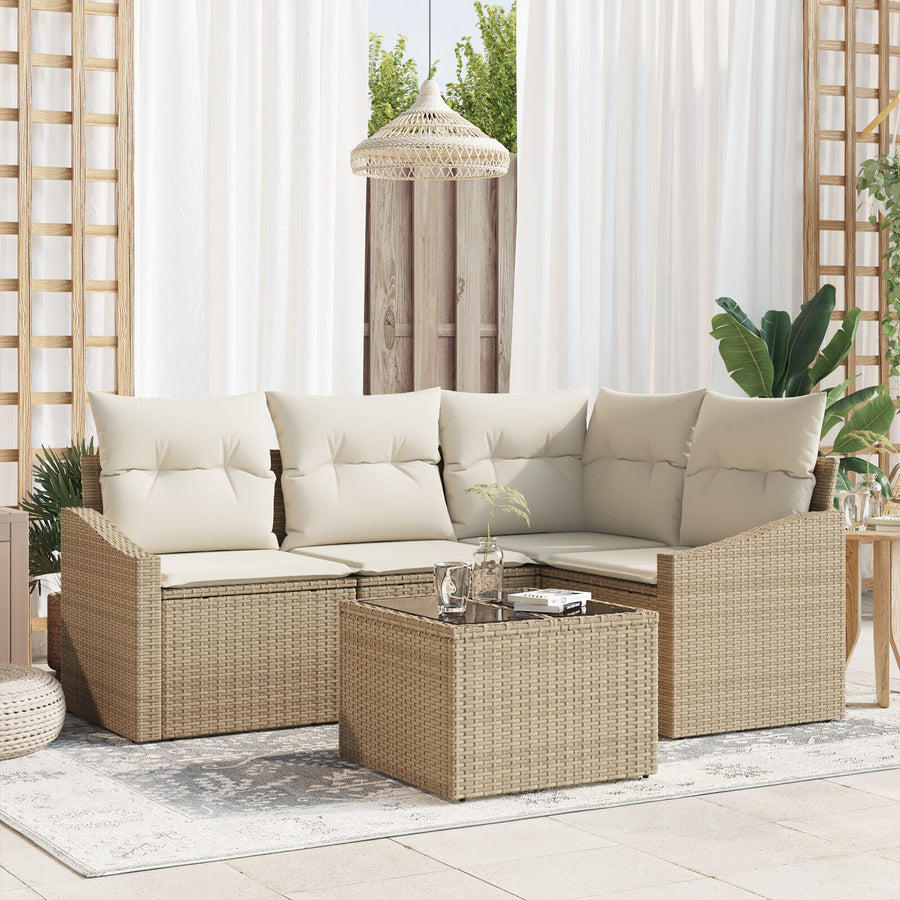Tuin Sofa Set 5 Delig Beige Rattan, Polyester, Schuim