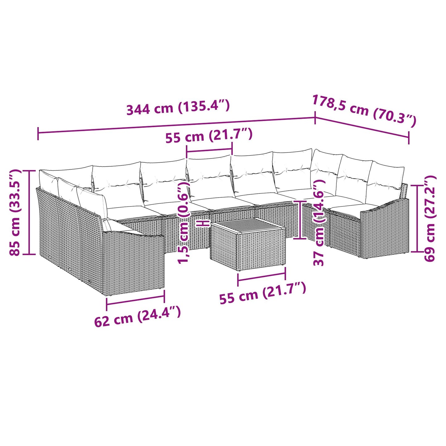 11-Delige Tuin Sofa Set Met Kussens Zwart Poly Rattan Acacia