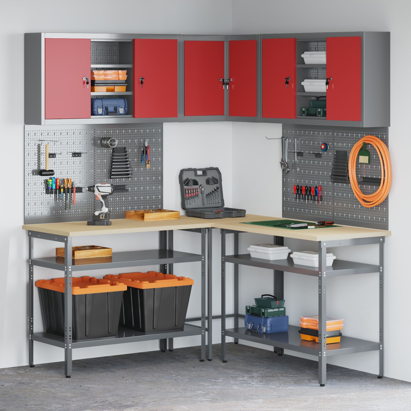 10-Delige Gereedschapsopslag Tafelset In Engineering Hout En Metaal 100 cm kast met pegboard Rood 3x tafel + 4x kast + 6x pegboard
