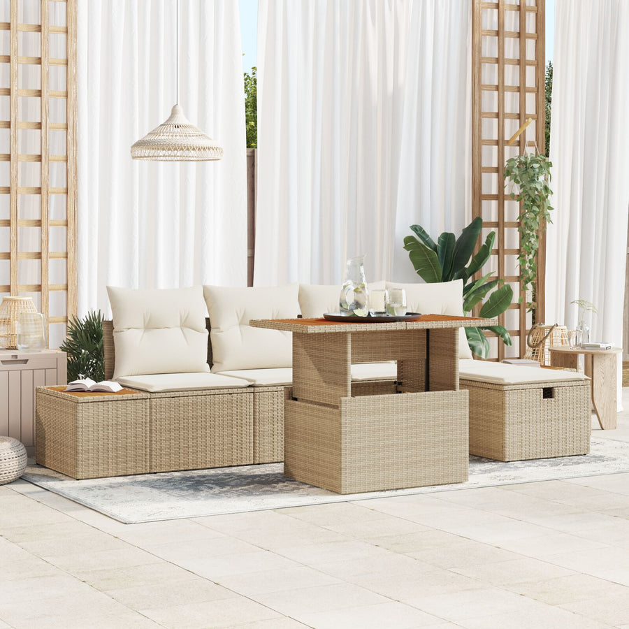 6-Delige Tuinbankset Met Kussens Beige Poly Rattan