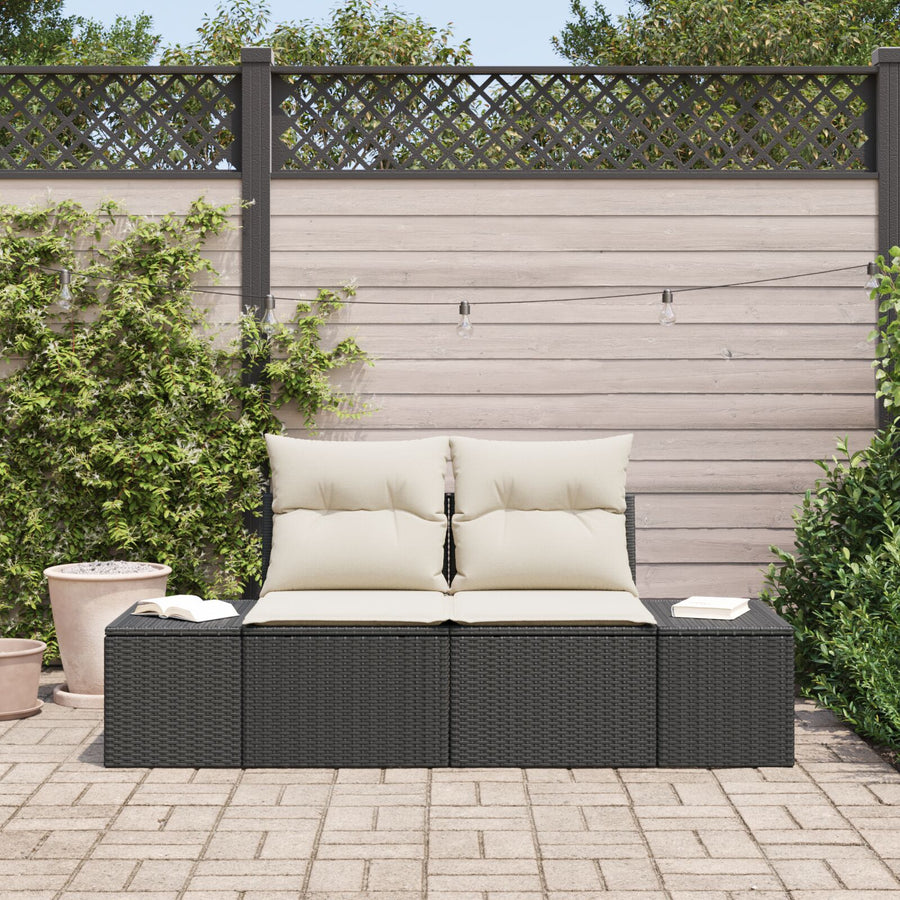 2-Zits Tuin Sofa & Kussens Poly Riet Zwart en crème met opslag