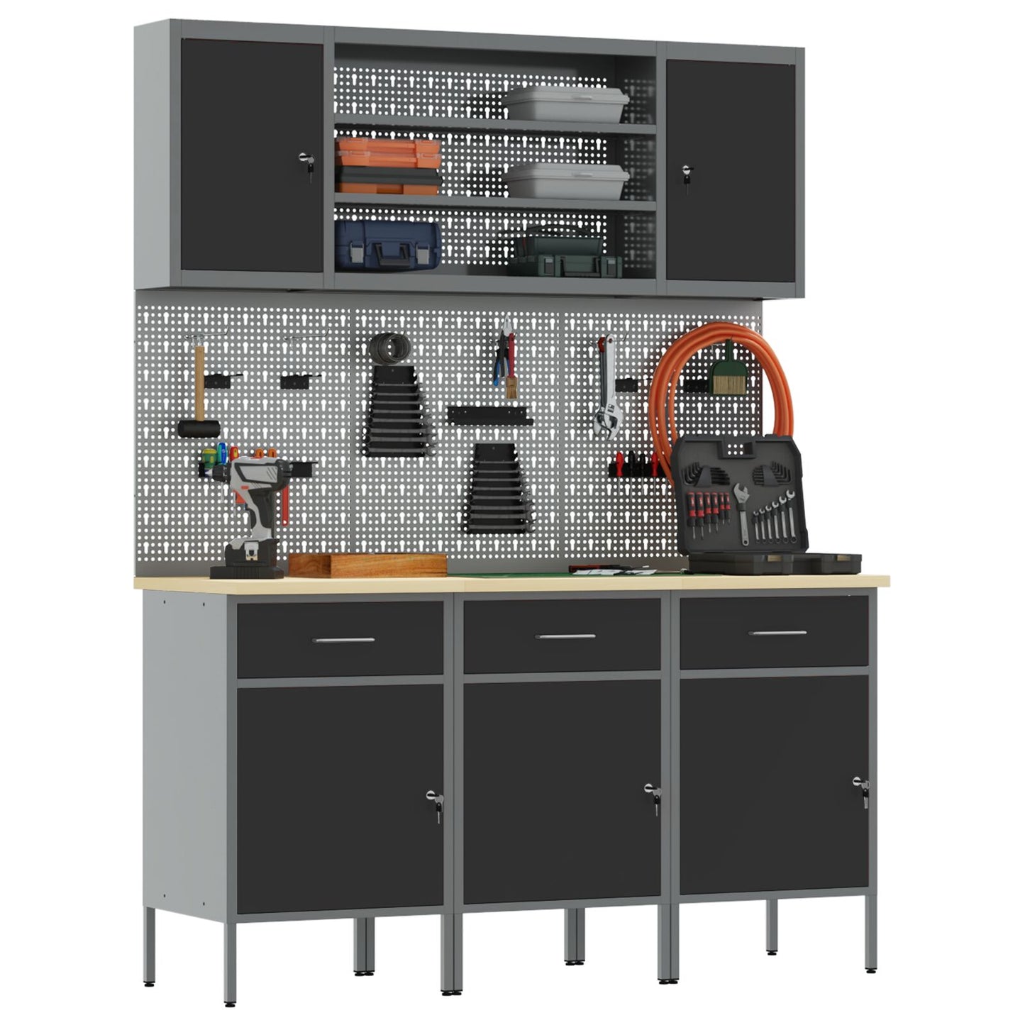 7-Delige Werkbank Set Staal 3x (84 cm) Zwart 4x kast + 4x pegboard