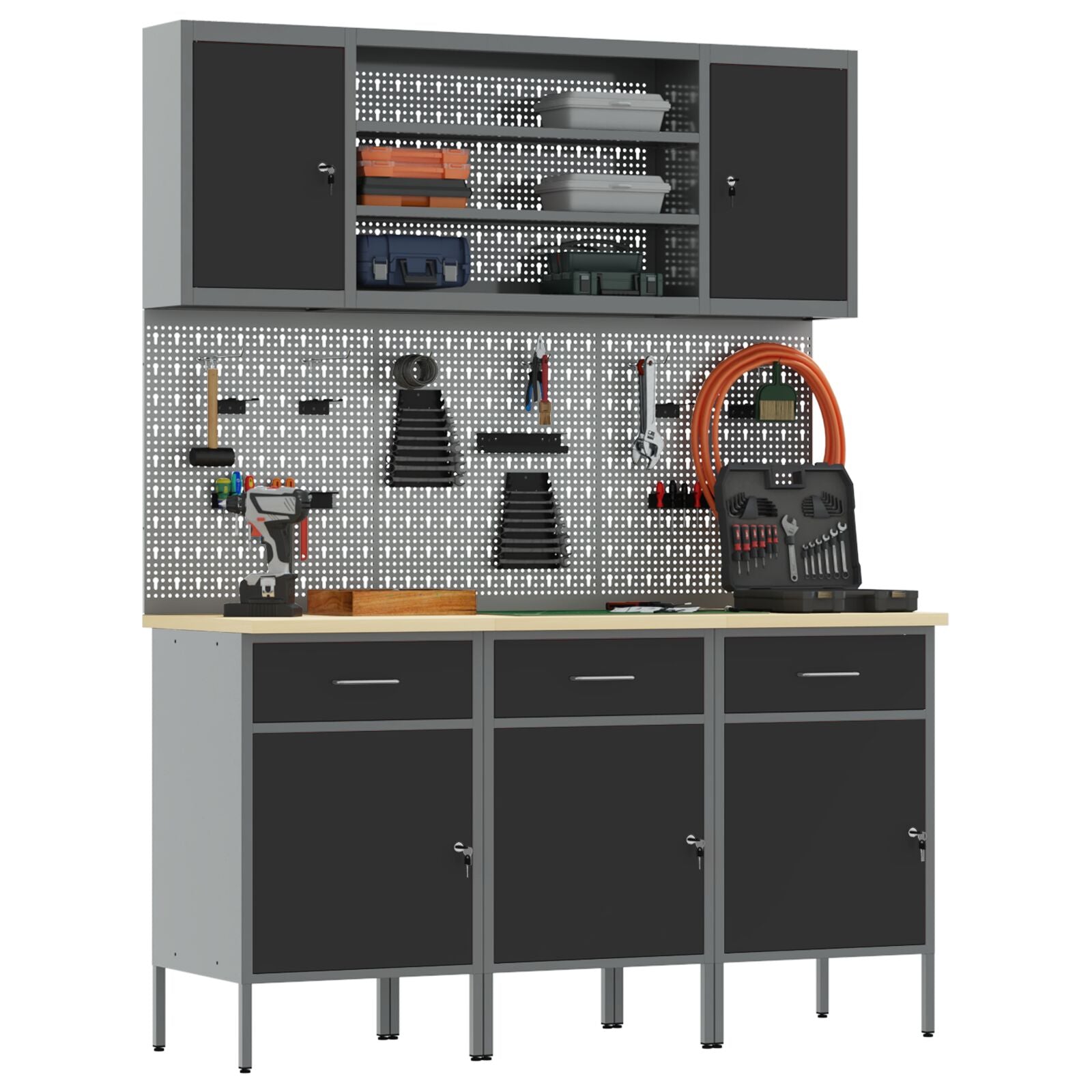7-Delige Werkbank Set Staal 3x (84 cm) Zwart 4x kast + 4x pegboard
