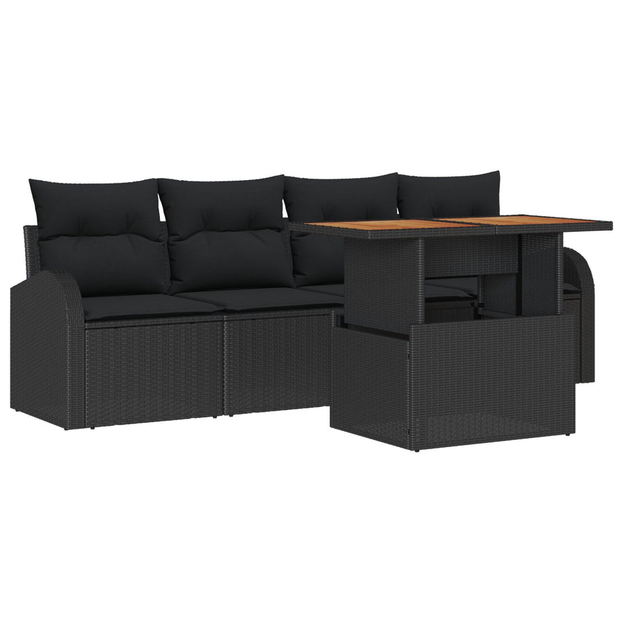 5-Delige Tuin Eetset Met Kussens Zwart Poly Rattan Acacia