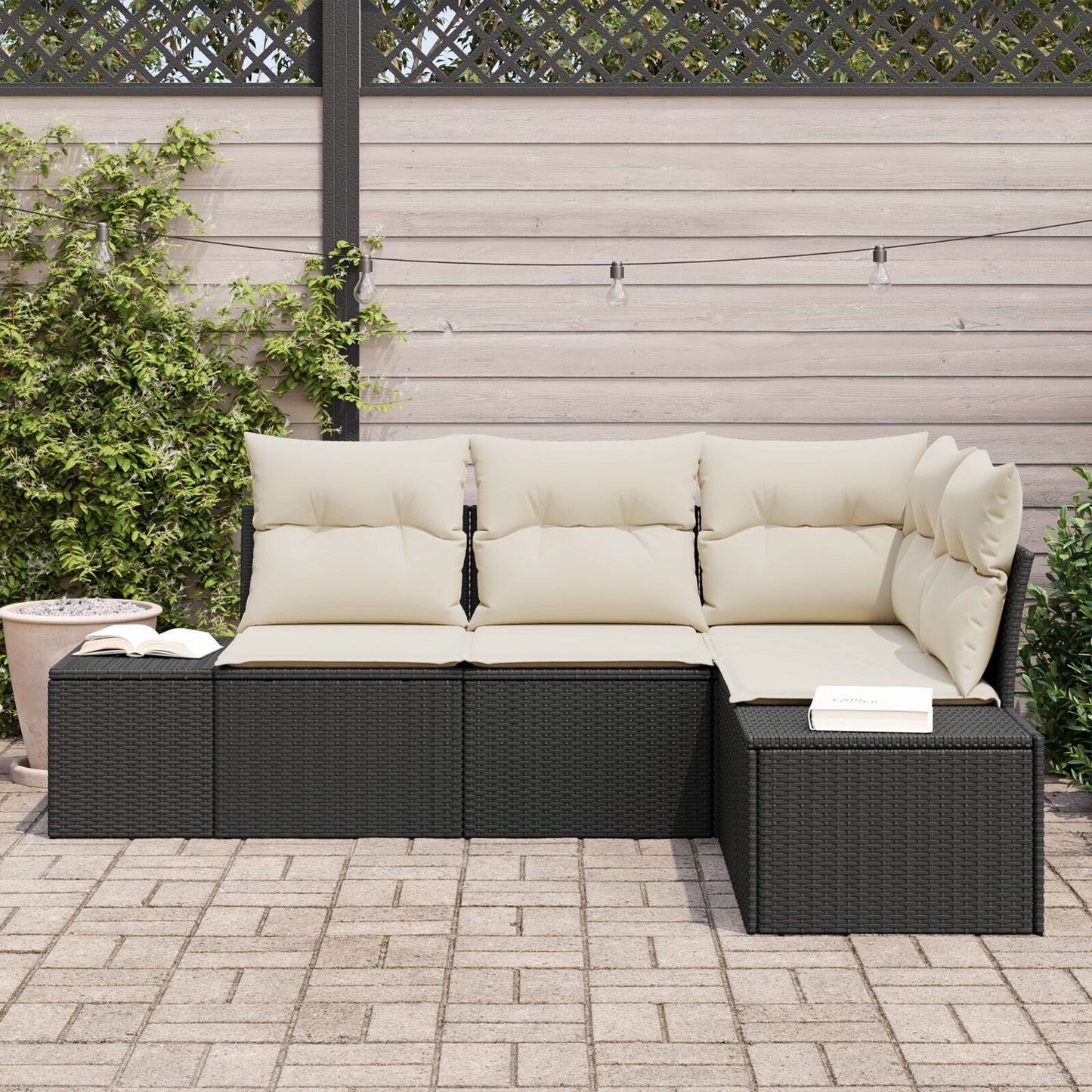 4-Delige Tuin Sofa Set Met Kussens Poly Rattan Zwart en crème zonder tafel