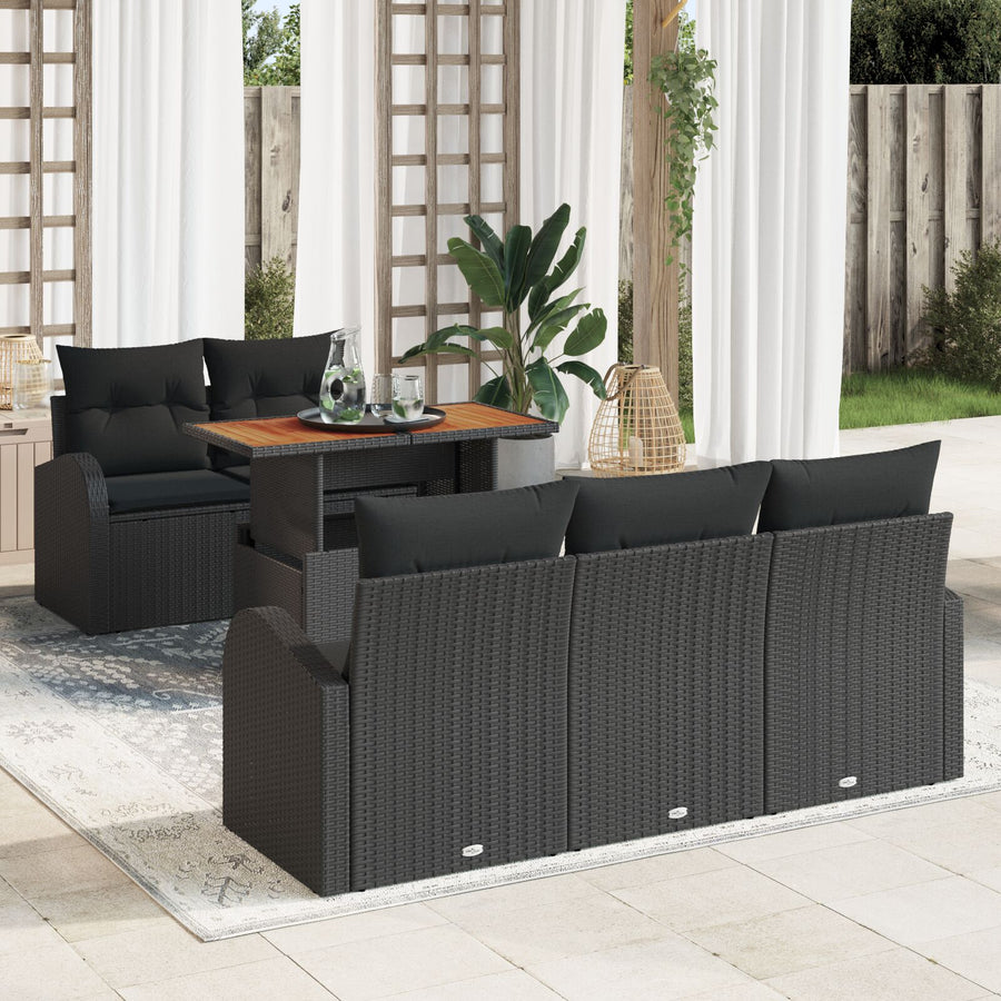6-Delige Tuin Eettafelset Met Kussens Zwart Poly Rattan Acacia