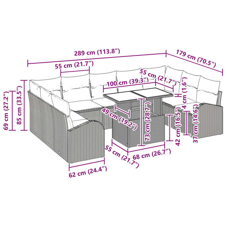 10-Delige Tuin Sofa Set Met Kussens Grijs Poly Rattan