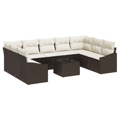 9-Delige Tuinbankset Met Kussens Grijs Poly Rattan Bruin en crème met tafel