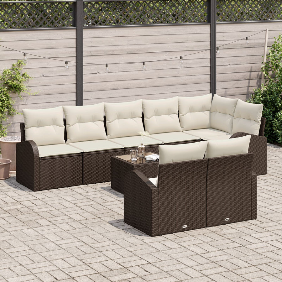 8 Delige Tuin Sofa Set Met Kussens Grijs Poly Rattan Bruin en crème met tafel