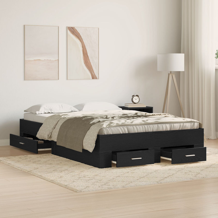 Bed Frame Met Lades Zwart Eiken 120X190 Cm Bewerkt Hout Ambachtelijk Eiken