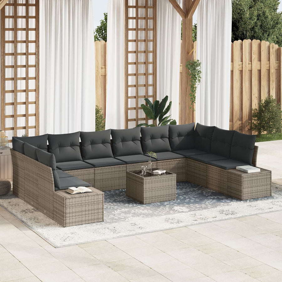 10-Delige Tuin Sofa Set Met Kussens Zwart Poly Rattan Grijs met tafel
