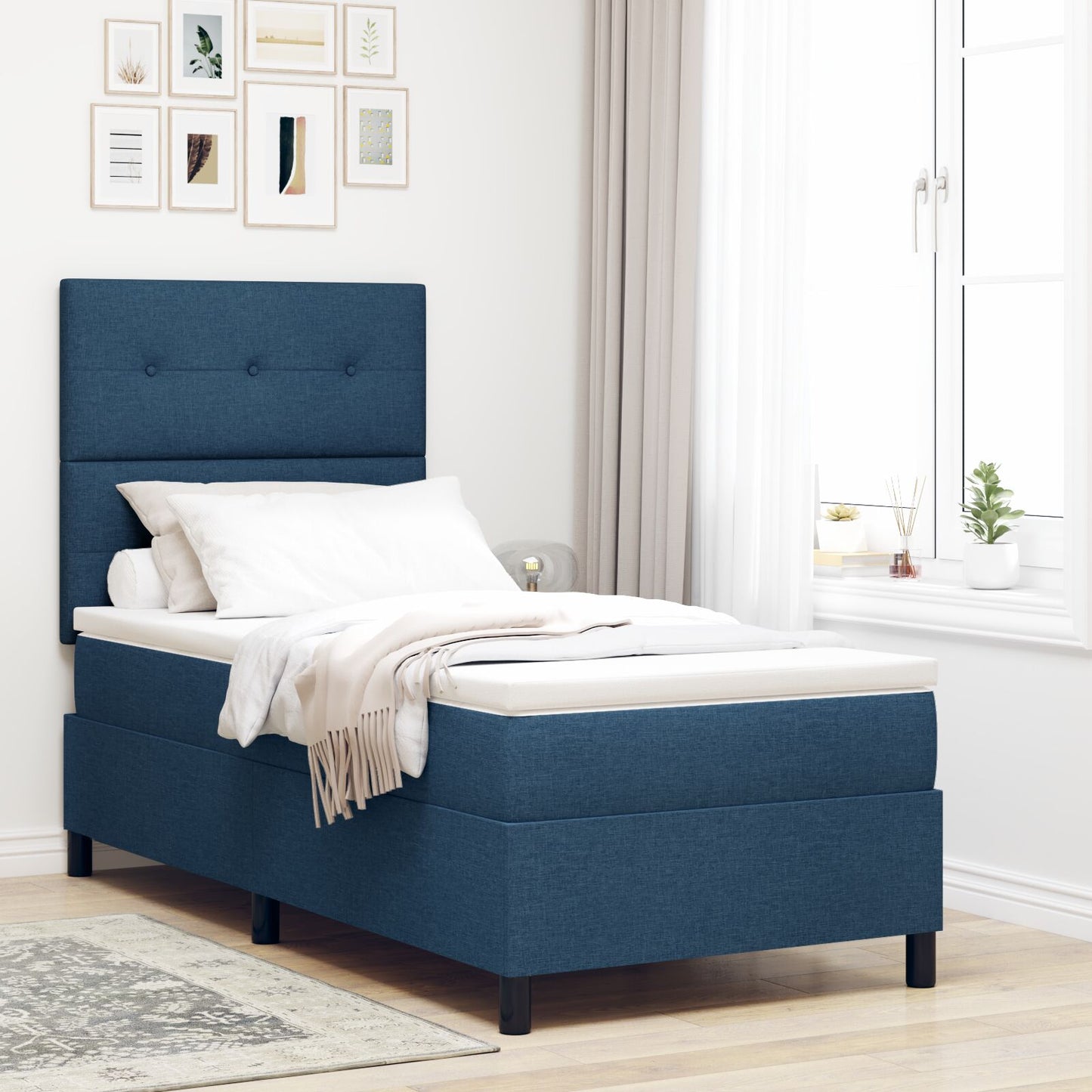Boxspring Bed Met Matras Eenpersoons Stof Blauw 90 x 190 cm Knoopgestikt