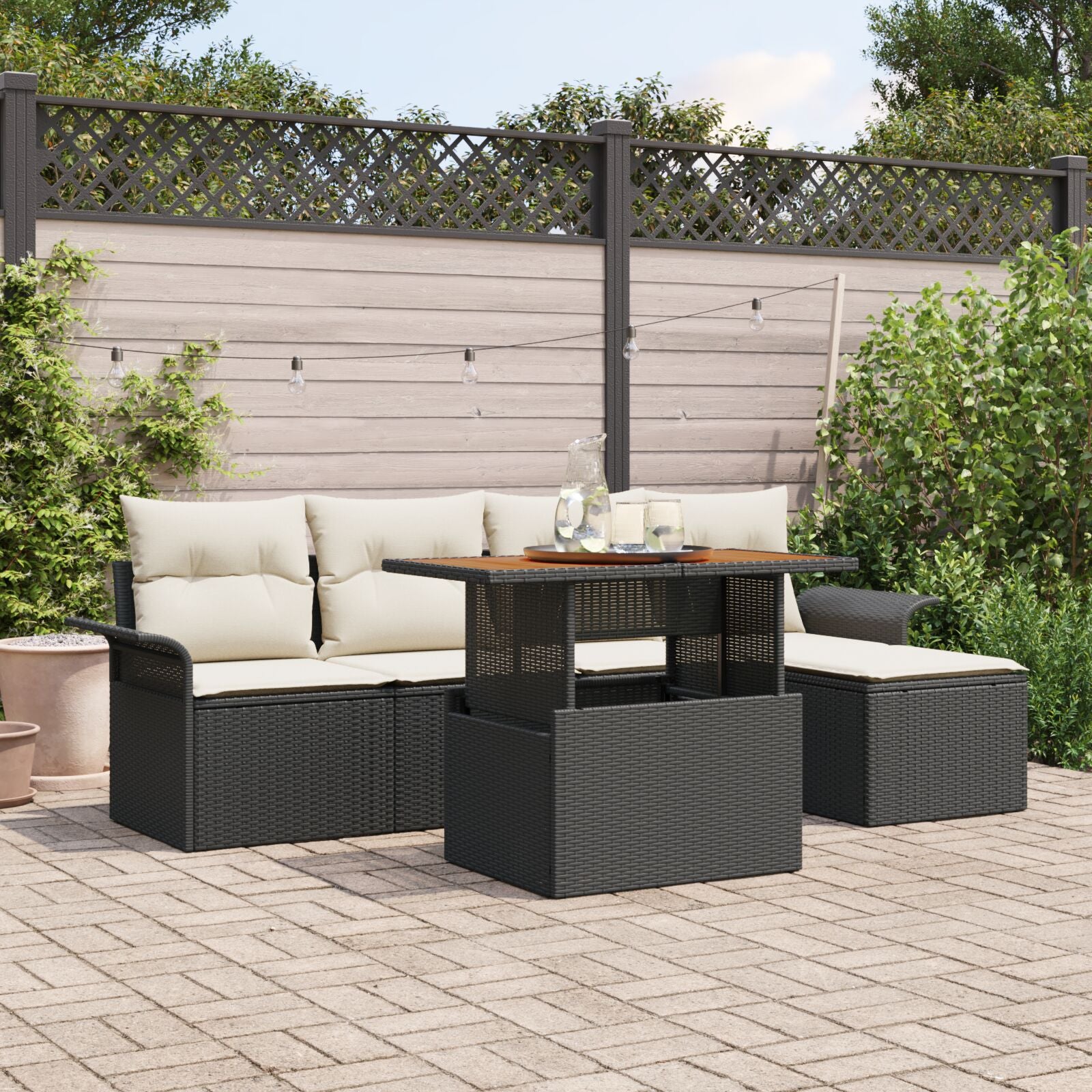 6-Delige Tuin Eettafel Set Met Kussens Zwart Poly Rattan Acacia