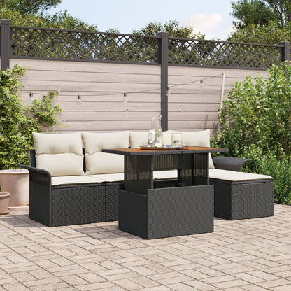 6-Delige Tuin Eettafel Set Met Kussens Zwart Poly Rattan Acacia