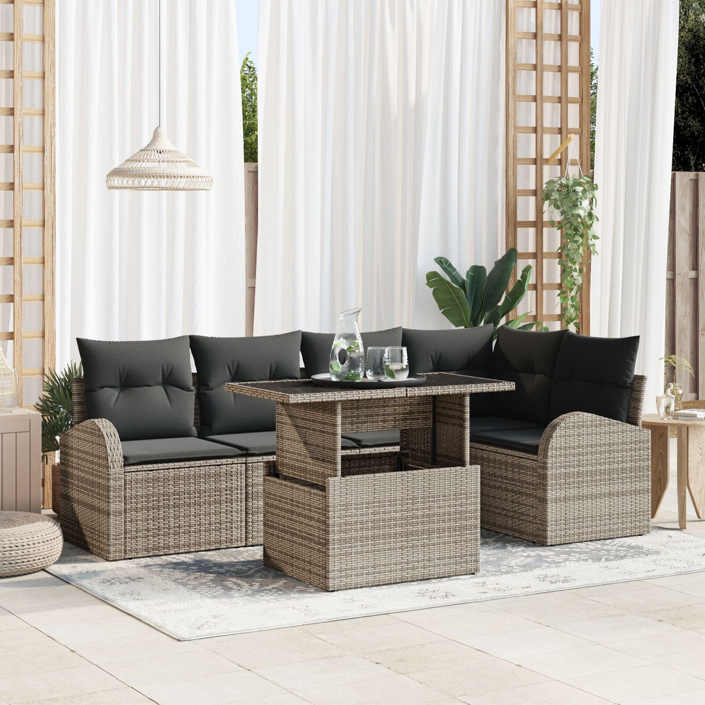 6-Delige Tuin Sofa Set Met Kussens Grijs Poly Rattan