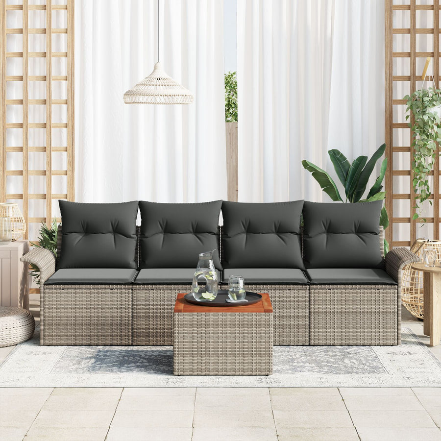 5-Delige Tuinbankenset Met Kussens Grijs Poly Rattan Acacia