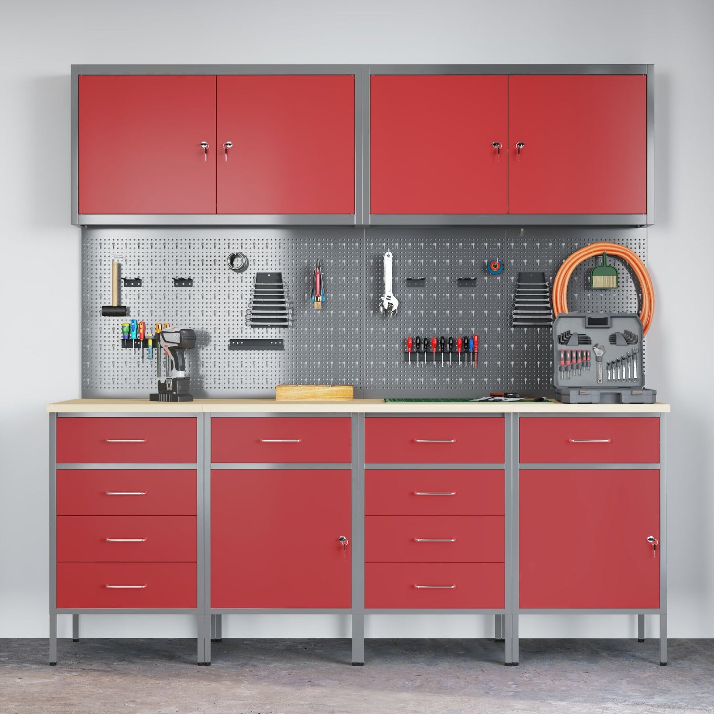 10-Delige Werkcabinet En Pegboard Set Mdf En Metaal 4x (2x84/2x85 cm) Rood 4x kast + 4x gereedschapspaneel + 2x gereedschap kast