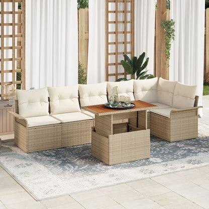 7 Delige Tuin Eetset Met Kussens Beige Poly Rattan Acacia