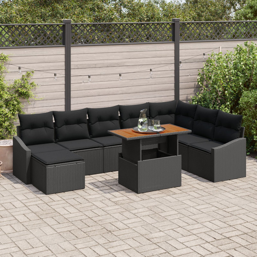 9-Delige Tuin Sofa Set Met Kussens Zwart Poly Rattan