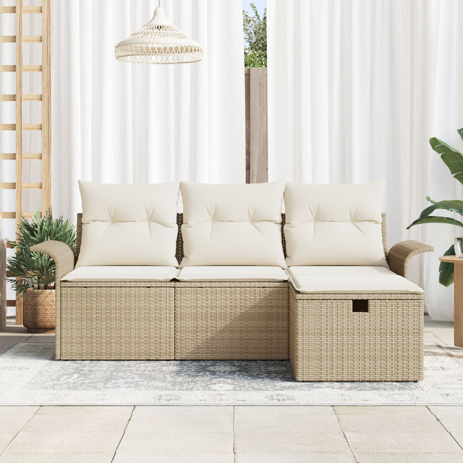4-Delige Tuinbankset Met Kussens Beige Poly Riet