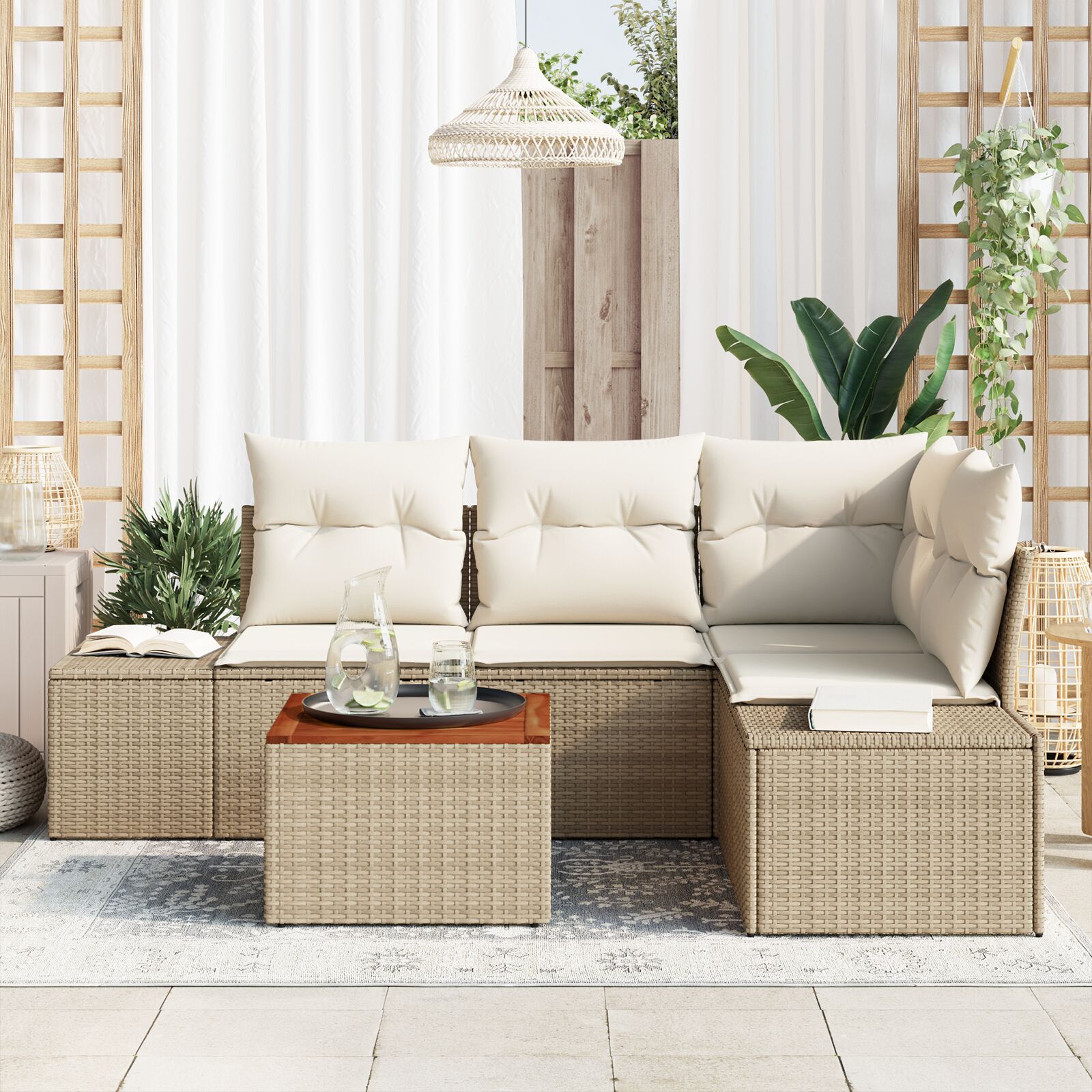 5-Delige Tuin Sofa Set Met Kussens Beige Poly Riet Acacia