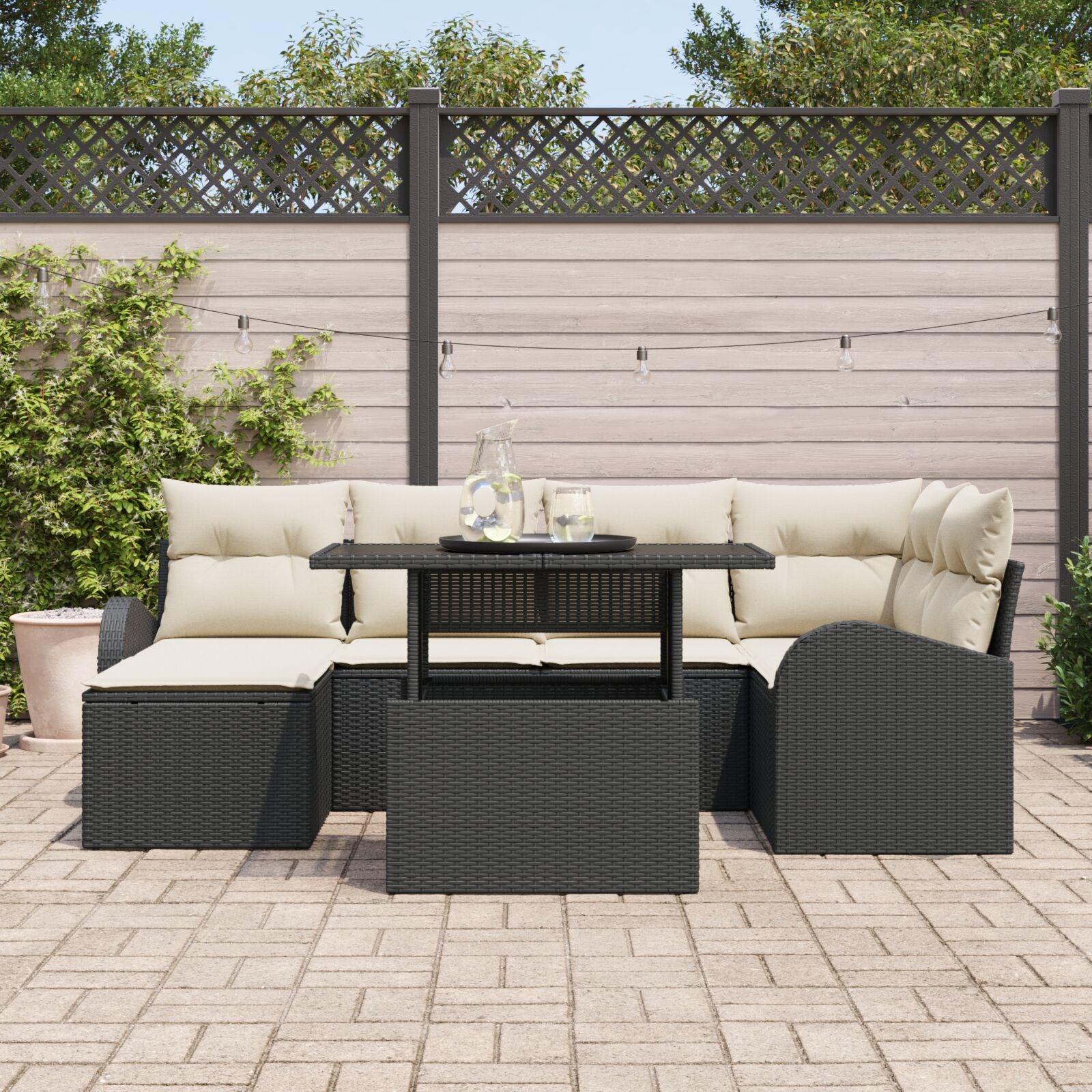 7-Delige Tuinsofaset Met Kussens Zwart Poly Rattan