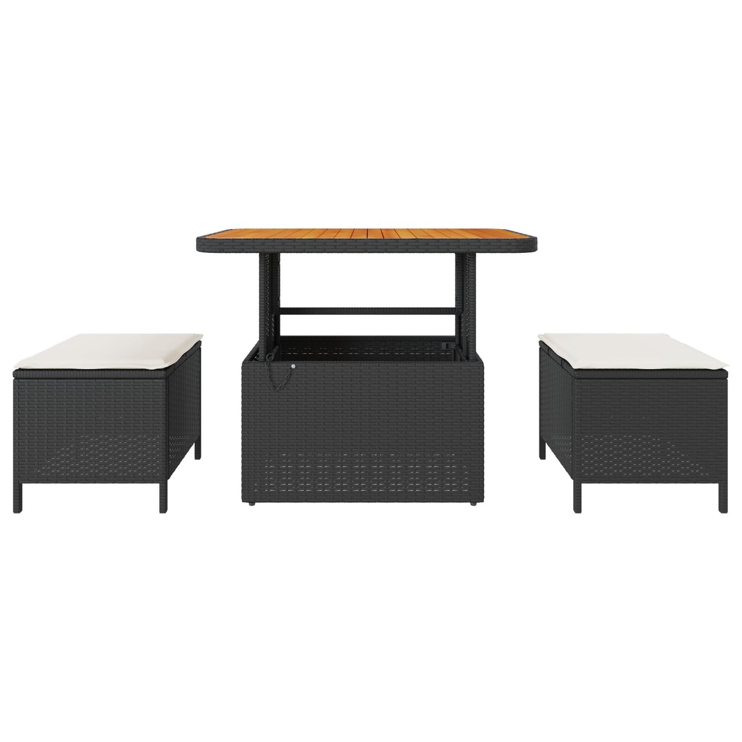 3-Delige Tuin Eetset Met Kussens Poly Rattan Acacia 90 cm Zwart en Crème 2 krukken