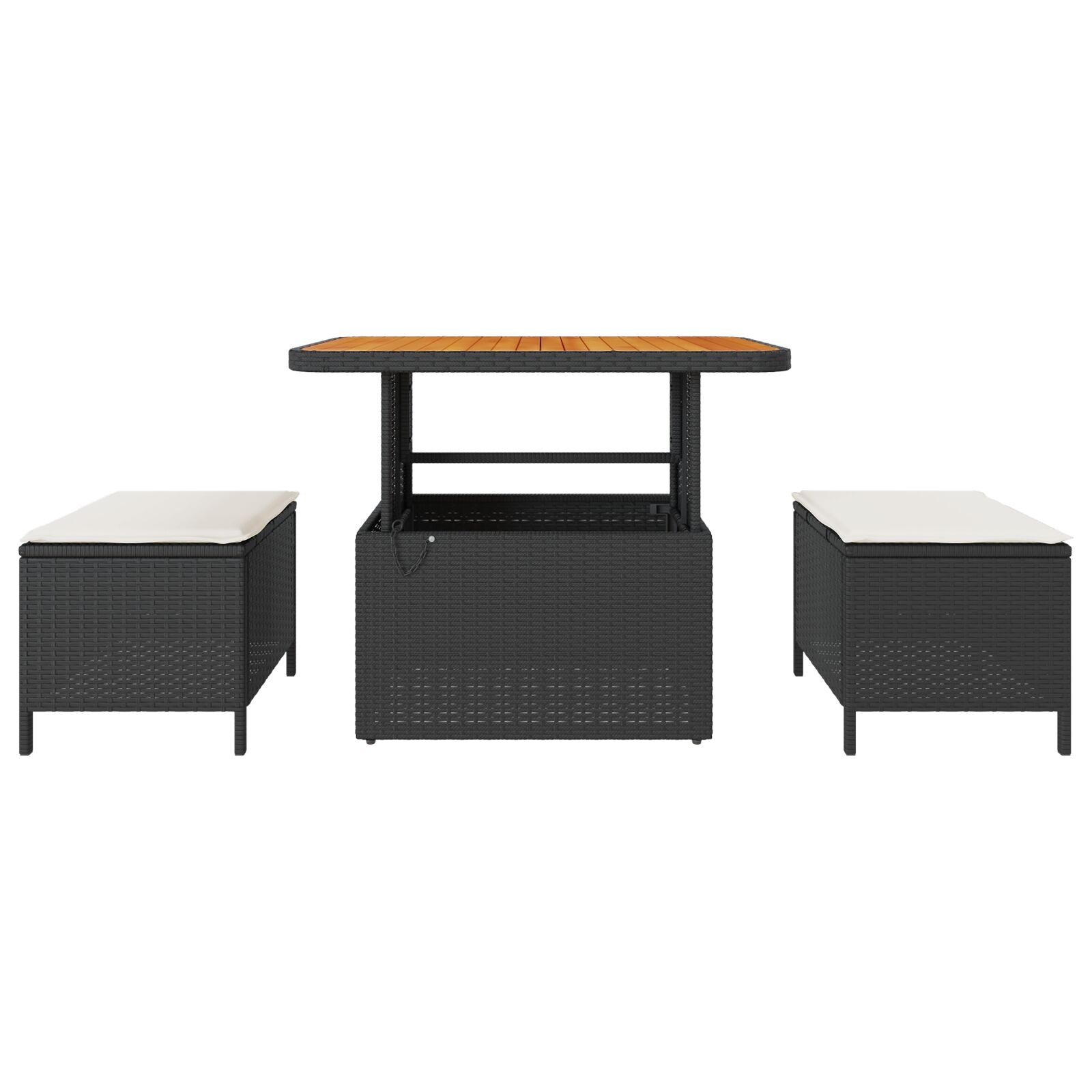 3-Delige Tuin Eetset Met Kussens Poly Rattan Acacia 90 cm Zwart en Crème 2 krukken