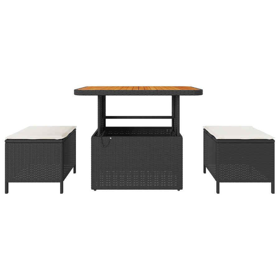 3-Delige Tuin Eetset Met Kussens Poly Rattan Acacia 90 cm Zwart en Crème 2 krukken