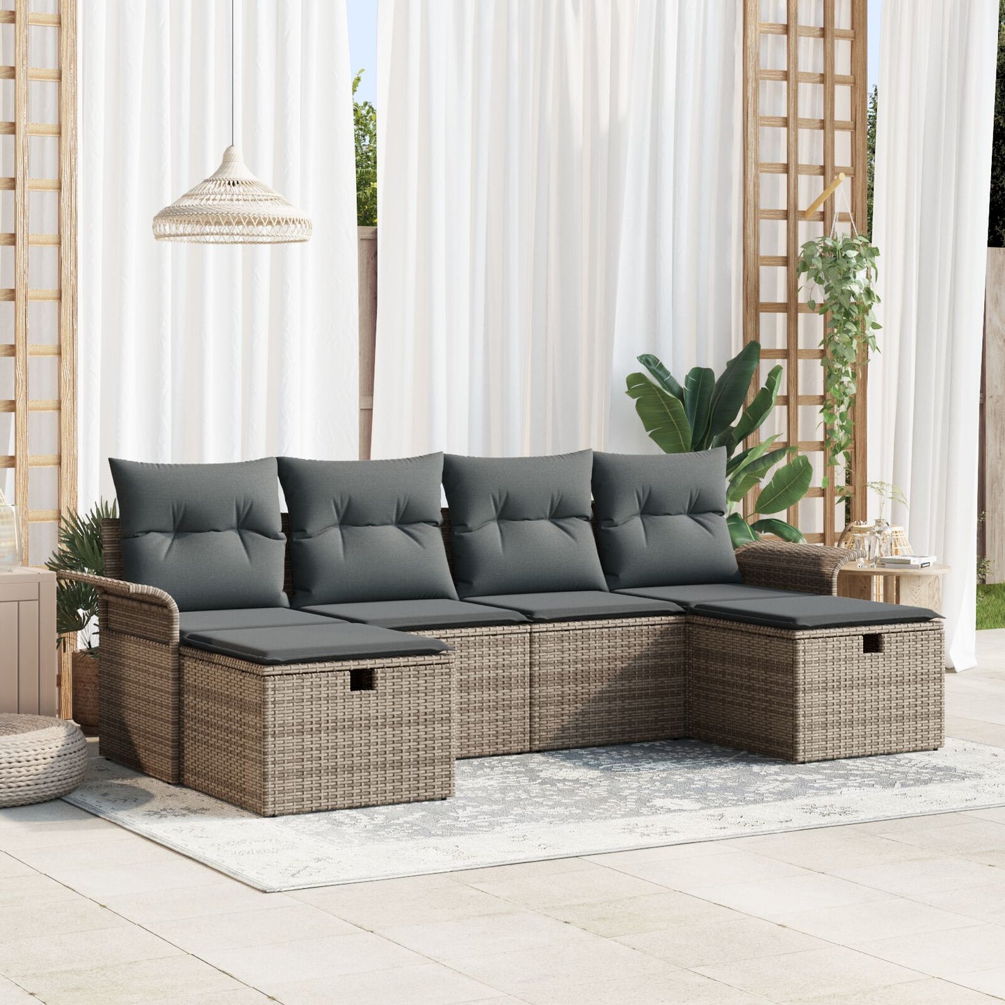 6-Delige Tuinbankenset Met Kussens Grijs Poly Rattan