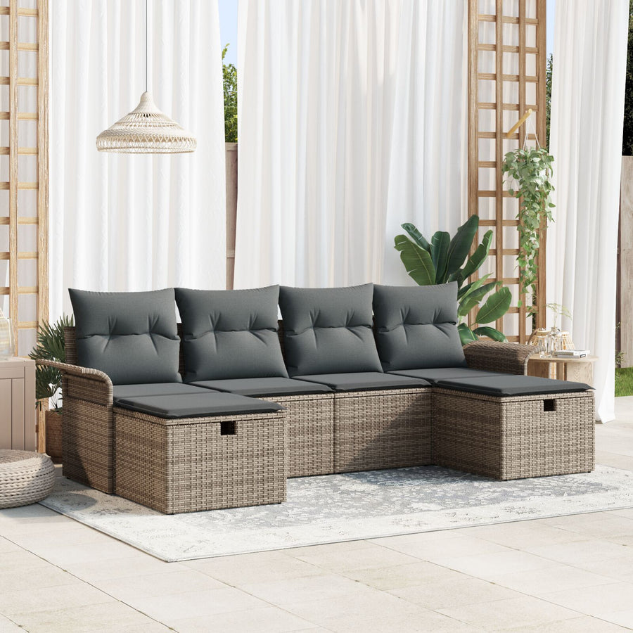 6-Delige Tuinbankenset Met Kussens Grijs Poly Rattan